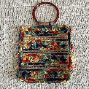 Vintage 1970s Style Embroided Woven Handbag with Lucite Circle Handles